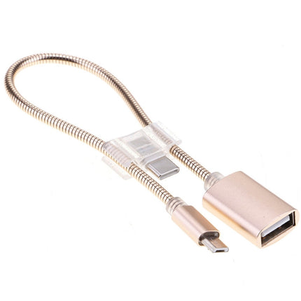 24cm 2A Micro USB to USB Aluminum Alloy Hose OTG Adapter Data Charging Cable with USB-C / Type-C Connector(Gold)-garmade.com