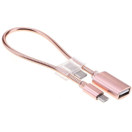 24cm 2A Micro USB to USB Aluminum Alloy Hose OTG Adapter Data Charging Cable with USB-C / Type-C Connector(Rose Gold)-garmade.com