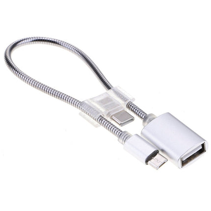 24cm 2A Micro USB to USB Aluminum Alloy Hose OTG Adapter Data Charging Cable with USB-C / Type-C Connector(Silver)-garmade.com