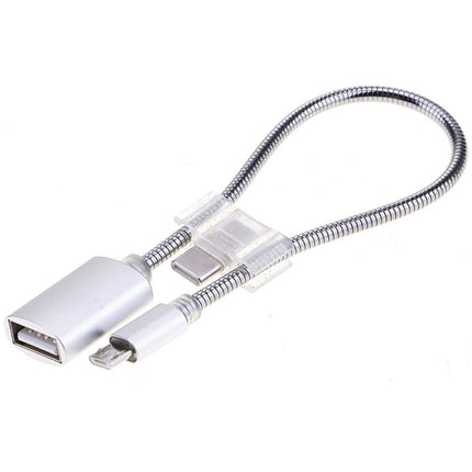 24cm 2A Micro USB to USB Aluminum Alloy Hose OTG Adapter Data Charging Cable with USB-C / Type-C Connector(Silver)-garmade.com
