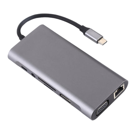11 in 1 VGA + LAN Port + 4 x USB 3.0 + SD / TF Card + HDMI + Audio Port + USB-C / Type-C Female to USB-C / Type-C HUB Adapter(Dark Grey)-garmade.com