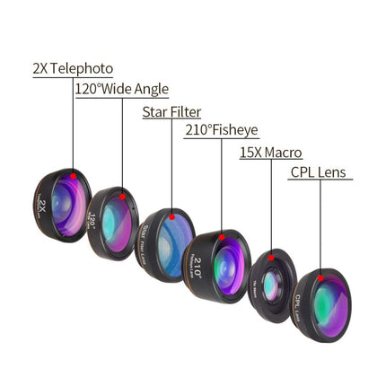 APEXEL APL-DG6V2 6 in 1 Universal External 2X Telephone+210 Degrees Fisheye+15X Macro+120 degree Wide-angle+CPL+Star Filter Lens-garmade.com