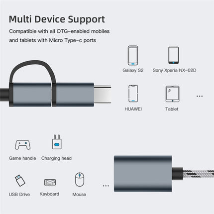 USB 3.0 Female to Micro USB + USB-C / Type-C Male Charging + Transmission OTG Nylon Braided Adapter Cable, Cable Length: 17cm (Grey)-garmade.com