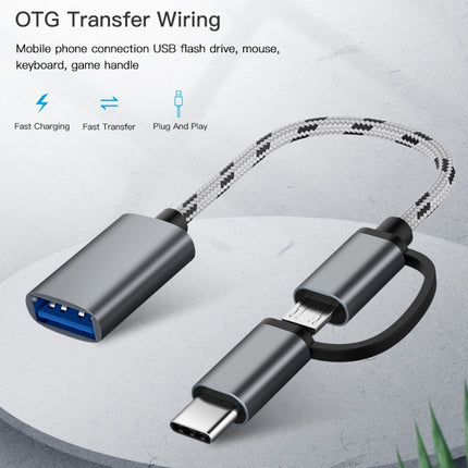 USB 3.0 Female to Micro USB + USB-C / Type-C Male Charging + Transmission OTG Nylon Braided Adapter Cable, Cable Length: 17cm (Grey)-garmade.com