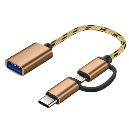 USB 3.0 Female to Micro USB + USB-C / Type-C Male Charging + Transmission OTG Nylon Braided Adapter Cable, Cable Length: 17cm (Gold)-garmade.com