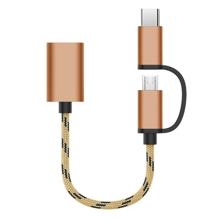 USB 3.0 Female to Micro USB + USB-C / Type-C Male Charging + Transmission OTG Nylon Braided Adapter Cable, Cable Length: 17cm (Gold)-garmade.com