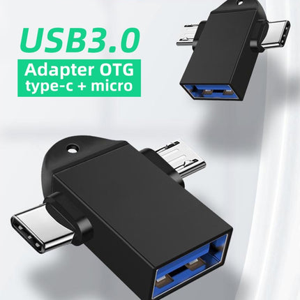 USB 3.0 Female to USB-C / Type-C Male + Micro USB Male Multi-function OTG Adapter with Sling Hole (Black)-garmade.com