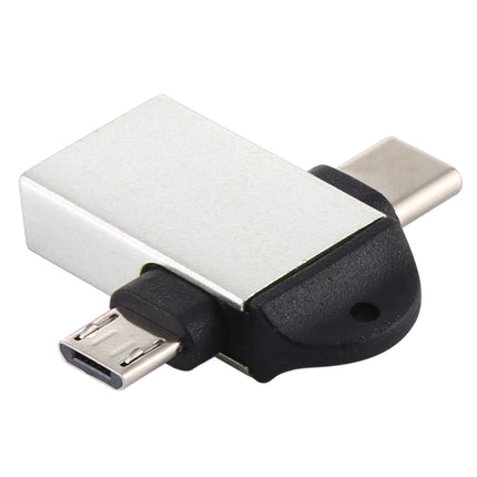 USB 3.0 Female to USB-C / Type-C Male + Micro USB Male Multi-function OTG Adapter with Sling Hole (Silver)-garmade.com