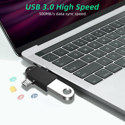 USB 3.0 Female to USB-C / Type-C Male + Micro USB Male Multi-function OTG Adapter with Sling Hole (Silver)-garmade.com