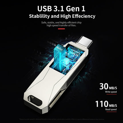 Netac U782C 128GB USB-C / Type-C + USB 3.0 360 Degrees Rotation Zinc Alloy Flash Drive OTG U Disk-garmade.com