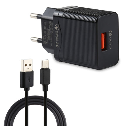 LZ-728 2 in 1 18W QC 3.0 USB Interface Travel Charger + USB to USB-C / Type-C Data Cable Set, EU Plug, Cable Length: 1m(Black)-garmade.com