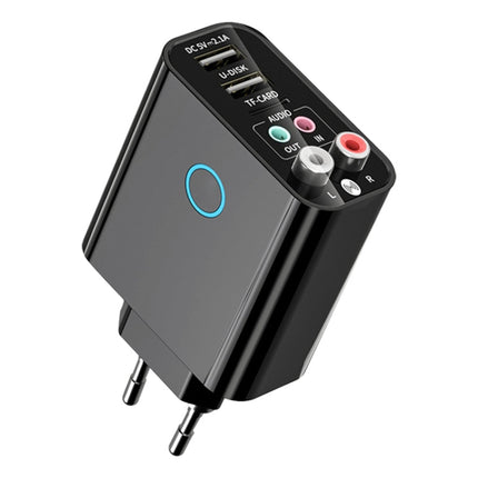 K16 2 in 1 3.5mm AUX + RAC Dual Output Plug-in Bluetooth 5.0 Audio Transmitter Receiver with Remote Control, EU Plug (Black)-garmade.com