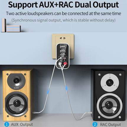 K16 2 in 1 3.5mm AUX + RAC Dual Output Plug-in Bluetooth 5.0 Audio Transmitter Receiver with Remote Control, CN Plug (Black)-garmade.com