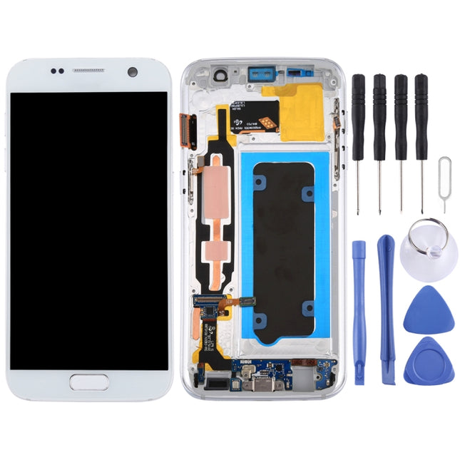 OLED LCD Screen for Galaxy S7 / G930V Digitizer Full Assembly with Frame (White)-garmade.com