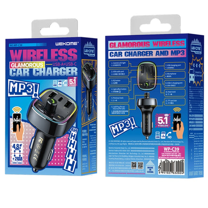 WK WP-C39 USB+USB-C/Type-C MP3 Bluetooth Car Fast Charger(Black)-garmade.com