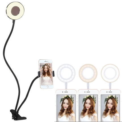 Clip Style Universal Cell Phone Holder Bracket Selfie Ring Light with 3-Color Light Adjustment, for Studio Recording, Live Broadcast, Live Show, KTV, etc.(Black)-garmade.com