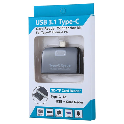 TF + SD Card + USB Port to USB-C / Type-C Adapter Card Reader Connection Kit with LED Indicator Light(Black)-garmade.com