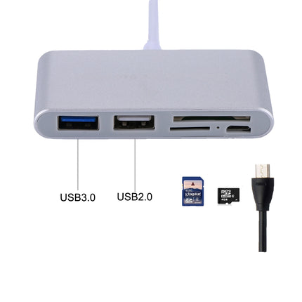 5 in 1 Micro SD + SD + USB 3.0 + USB 2.0 + Micro USB Port to USB-C / Type-C OTG COMBO Adapter Card Reader for Tablet, Smartphone, PC(Silver)-garmade.com