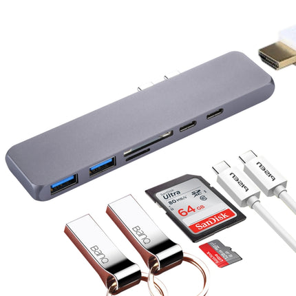 Multi-function Aluminium Alloy Dual USB-C / Type-C HUB Adapter with HDMI Female & 2 x USB 3.0 Ports & 2 x USB-C / Type-C Ports & SD Card Slot & TF Card Slot-garmade.com