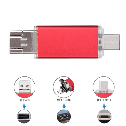 16GB 3 in 1 USB-C / Type-C + USB 2.0 + OTG Flash Disk, For Type-C Smartphones & PC Computer(Red)-garmade.com