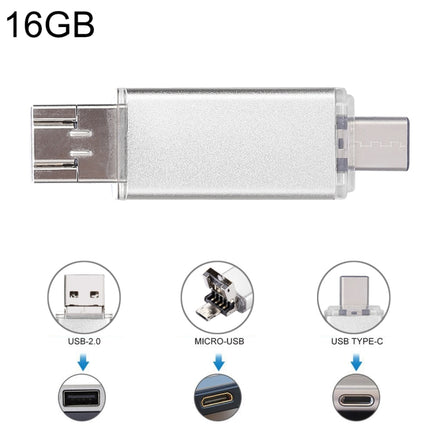 16GB 3 in 1 USB-C / Type-C + USB 2.0 + OTG Flash Disk, For Type-C Smartphones & PC Computer(Silver)-garmade.com
