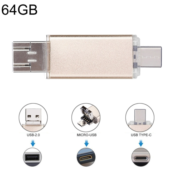 64GB 3 in 1 USB-C / Type-C + USB 2.0 + OTG Flash Disk, For Type-C Smartphones & PC Computer (Gold)-garmade.com