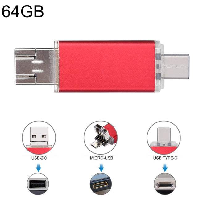 64GB 3 in 1 USB-C / Type-C + USB 2.0 + OTG Flash Disk, For Type-C Smartphones & PC Computer (Red)-garmade.com