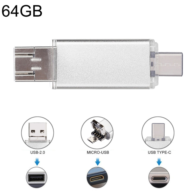 64GB 3 in 1 USB-C / Type-C + USB 2.0 + OTG Flash Disk, For Type-C Smartphones & PC Computer (Silver)-garmade.com