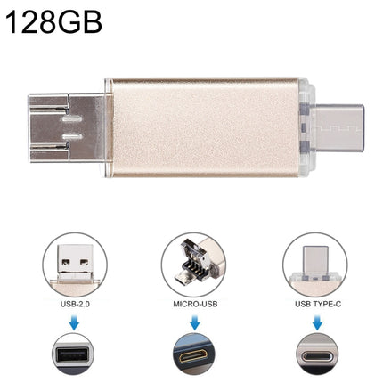 128GB 3 in 1 USB-C / Type-C + USB 2.0 + OTG Flash Disk, For Type-C Smartphones & PC Computer(Gold)-garmade.com