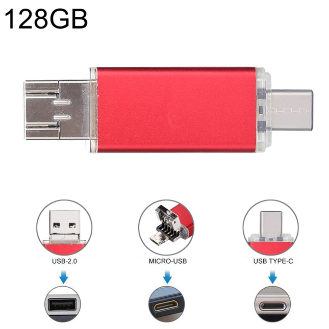 128GB 3 in 1 USB-C / Type-C + USB 2.0 + OTG Flash Disk, For Type-C Smartphones & PC Computer(Red)-garmade.com