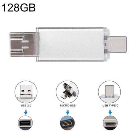 128GB 3 in 1 USB-C / Type-C + USB 2.0 + OTG Flash Disk, For Type-C Smartphones & PC Computer(Silver)-garmade.com
