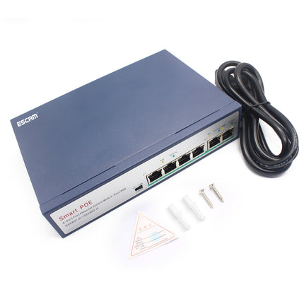 ESCAM POE 4+2 6-Port Fast Ethernet Switch 4-Port POE 10/100M 120W Network Switch, Transmission Distance: 150m(Black)-garmade.com