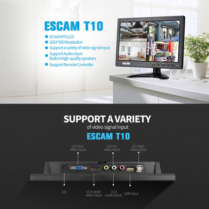 ESCAM T10 10.0 inch TFT LCD 1024x600 Monitor with VGA & HDMI & AV & BNC & USB for PC CCTV Security-garmade.com