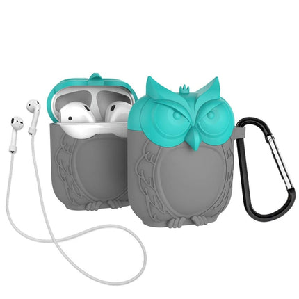 For AirPods 1 / 2 Owl Appearance Earphone Protective Case with Hook (Grey Green)-garmade.com