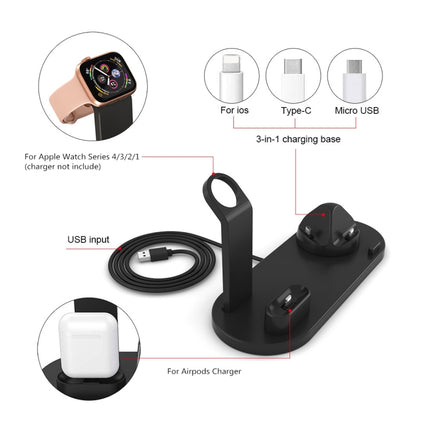 HQ-UD15 5 in 1 Micro USB + USB-C / Type-C + 8 Pin Interface Phone Charging Base with 8 Pin Earphone Charging Interface & Watch Stand, Without Wireless Charger (Black)-garmade.com