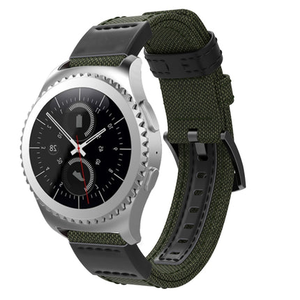 Canvas and Leather Wrist Strap Watch Band for Samsung Gear S2/Galaxy Active 42mm, Wrist Strap Size:135+96mm(Army Green)-garmade.com