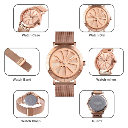 SKMEI 9204 Fashion Skeleton Rotating Dial Waterproof Business Mesh Belt Quartz Watch Men Watch(Rose Gold)-garmade.com