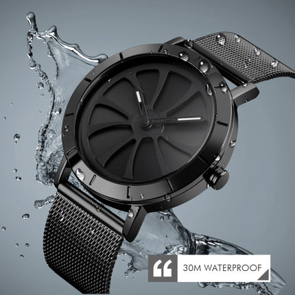 SKMEI 9204 Fashion Skeleton Rotating Dial Waterproof Business Mesh Belt Quartz Watch Men Watch(Black)-garmade.com