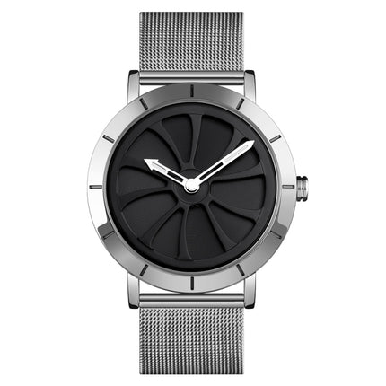 SKMEI 9204 Fashion Skeleton Rotating Dial Waterproof Business Mesh Belt Quartz Watch Men Watch(Silver Black)-garmade.com