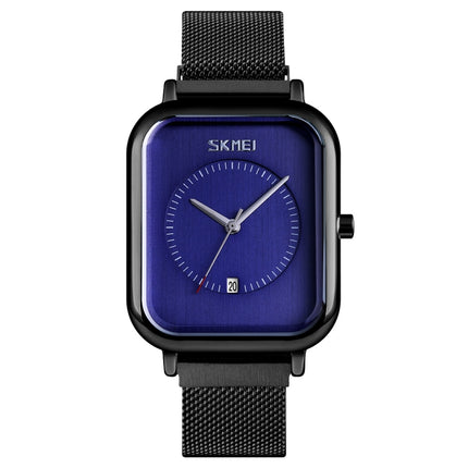 SKMEI 9207 Fashion Creative Simple Watch Men Magnetic Buckle Mesh Belt Steel Belt Couple Quartz Watch(Black Blue)-garmade.com