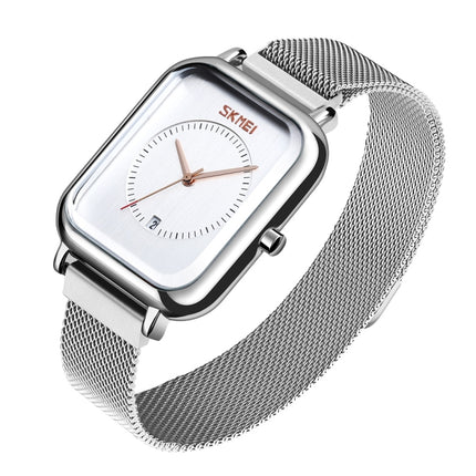 SKMEI 9207 Fashion Creative Simple Watch Men Magnetic Buckle Mesh Belt Steel Belt Couple Quartz Watch(Silver White)-garmade.com