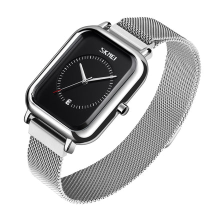 SKMEI 9207 Fashion Creative Simple Watch Men Magnetic Buckle Mesh Belt Steel Belt Couple Quartz Watch(Silver Black)-garmade.com