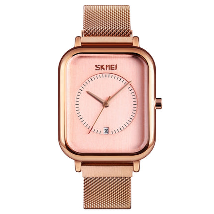 SKMEI 9207 Fashion Creative Simple Watch Men Magnetic Buckle Mesh Belt Steel Belt Couple Quartz Watch(Rose Gold)-garmade.com