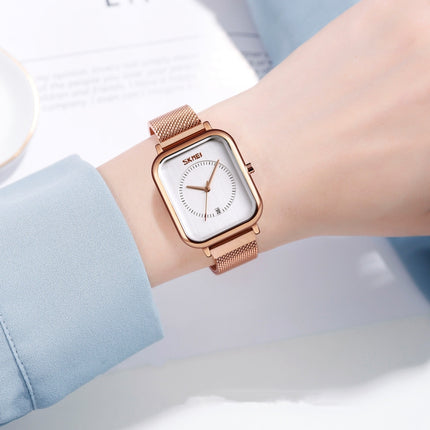 SKMEI 9207 Fashion Creative Simple Watch Men Magnetic Buckle Mesh Belt Steel Belt Couple Quartz Watch(Rose Gold)-garmade.com