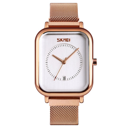 SKMEI 9207 Fashion Creative Simple Watch Men Magnetic Buckle Mesh Belt Steel Belt Couple Quartz Watch(Rose Gold White)-garmade.com
