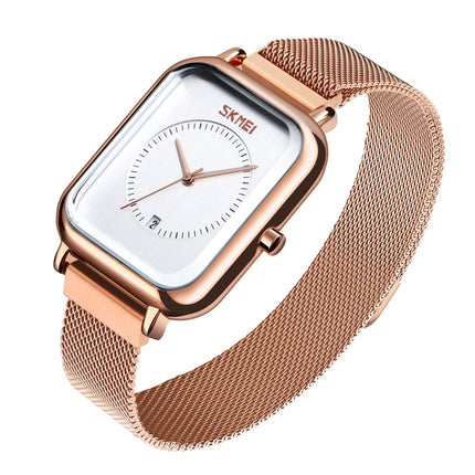 SKMEI 9207 Fashion Creative Simple Watch Men Magnetic Buckle Mesh Belt Steel Belt Couple Quartz Watch(Rose Gold White)-garmade.com