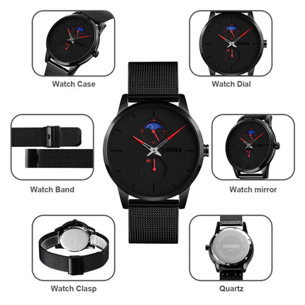 Skmei 9208 Moon Phase Quartz Watch Casual Simple Business Sports Watch for Men(Blue)-garmade.com