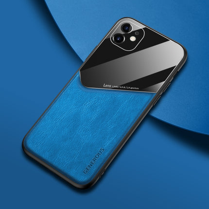 For iPhone 11 All-inclusive Leather + Organic Glass Phone Case with Metal Iron Sheet(Blue)-garmade.com