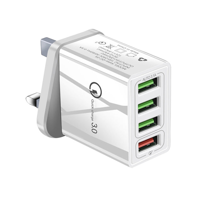 30W QC 3.0 USB + 3 USB 2.0 Ports Mobile Phone Tablet PC Universal Quick Charger Travel Charger, UK Plug(White)-garmade.com