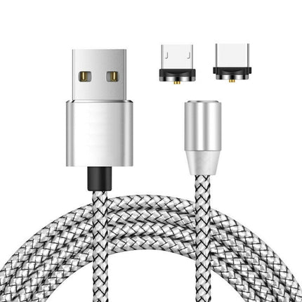 2 in 1 USB to Micro USB + USB-C / Type-C Magnetic Metal Connector Nylon Two-color Braided Magnetic Data Cable, Cable Length: 1m(Silver)-garmade.com